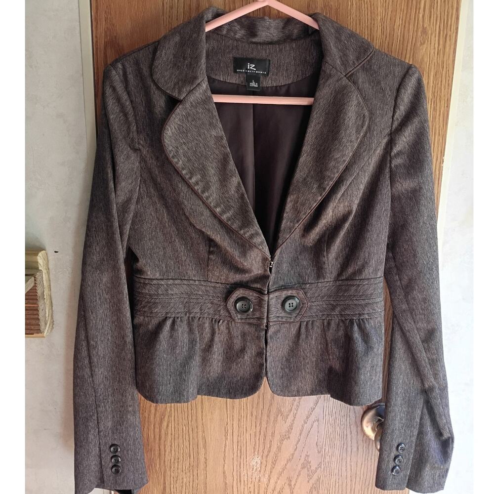 IZ Byer California Brown Structured Cropped Jacket Banded Waist Hook Eye Large